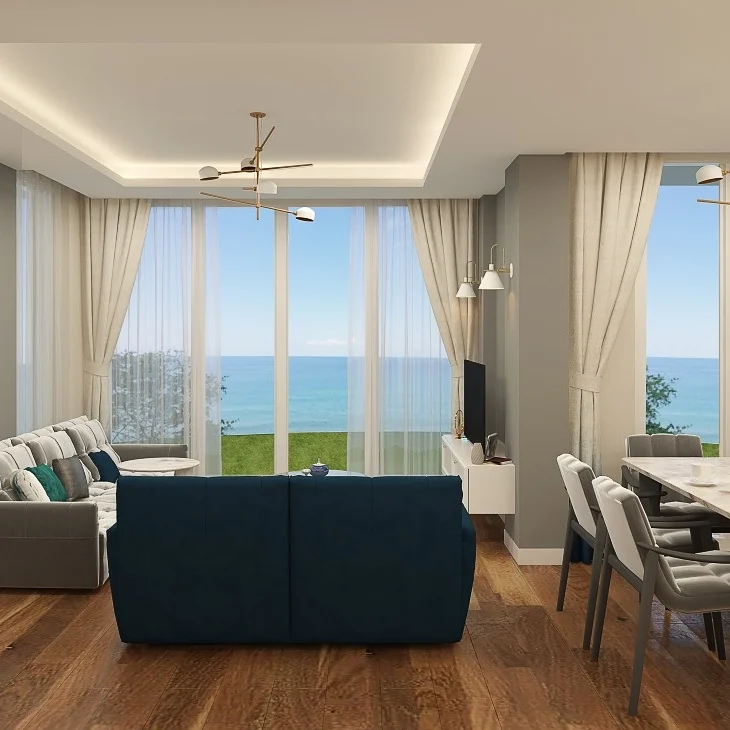 Panorama Evleri B blok, deniz manzaralı salon (iç mekân görseli)